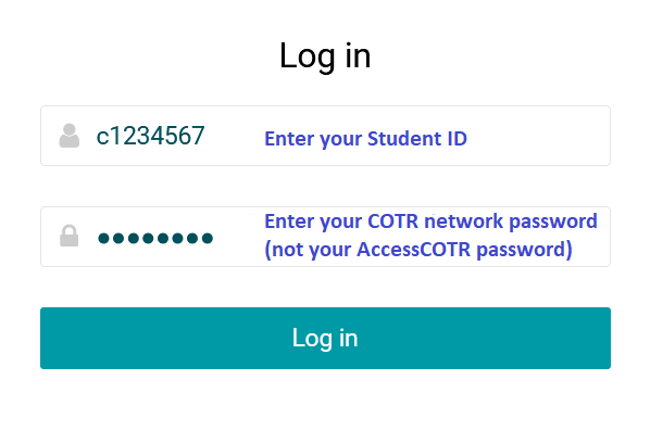 Log in graphic displaying instructions to enter studentID as username and the network password.