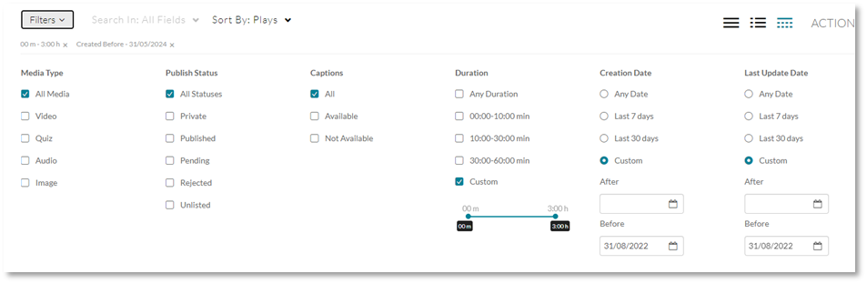 Filters menu in MediaSpace