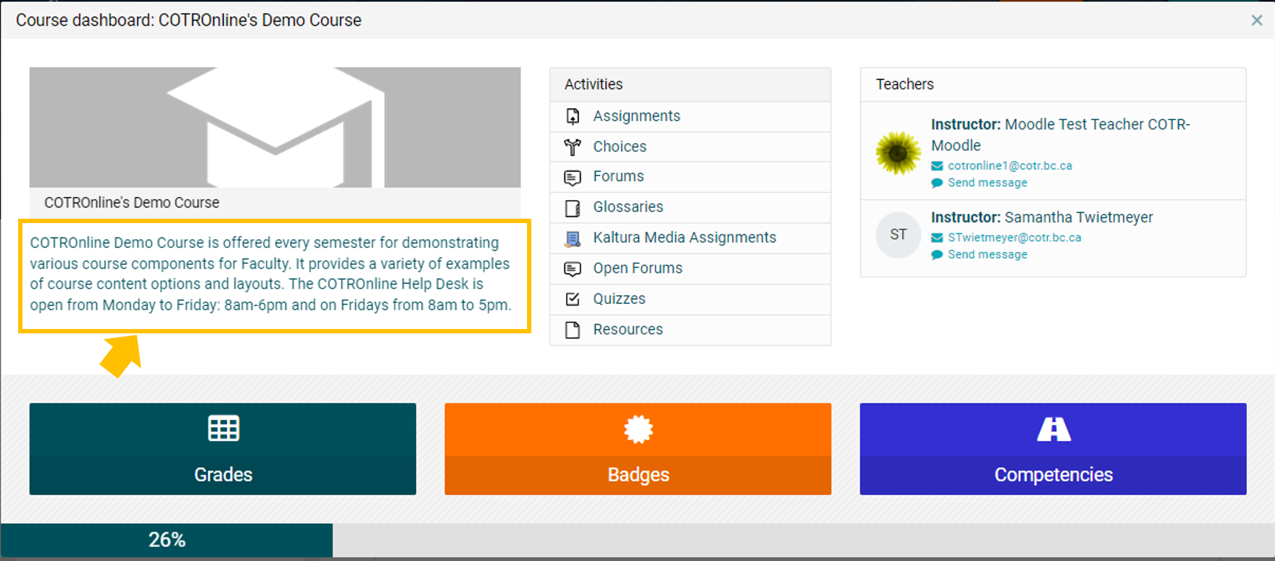 Displays location of course description on student dashboard.