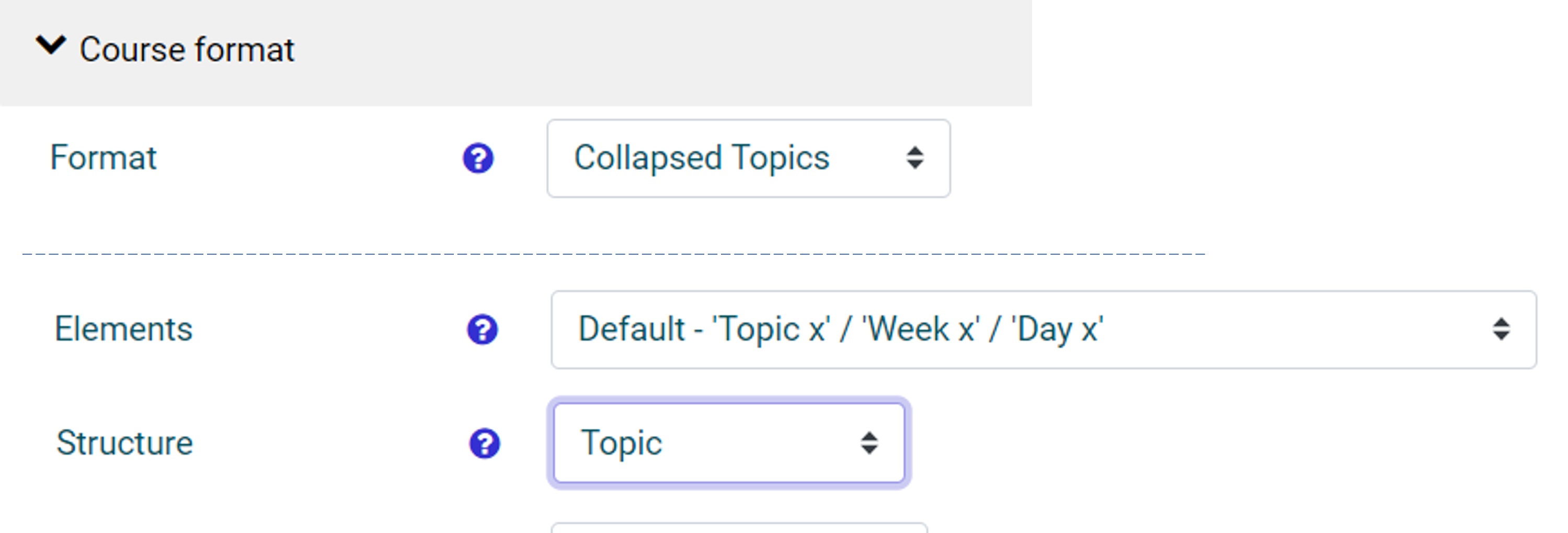 Displays course format settings with a Topic structure