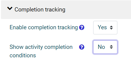 Completion tracking settings, with show conditions set to No