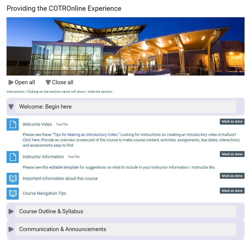 Displays the COTROnline Experience module with a title banner and welcome content housed under drop-downs.