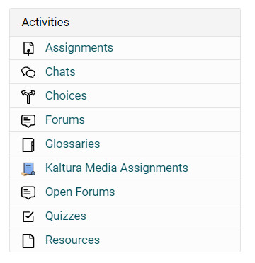 course management window activities list