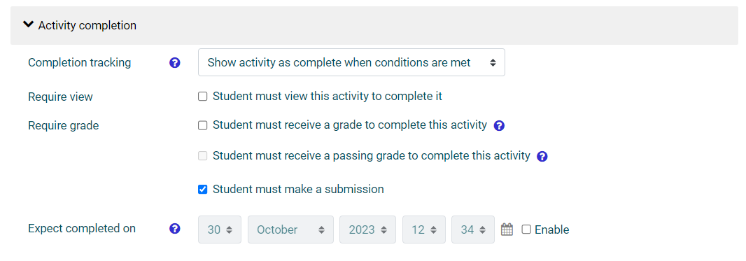 Displays activity completion dropdown options