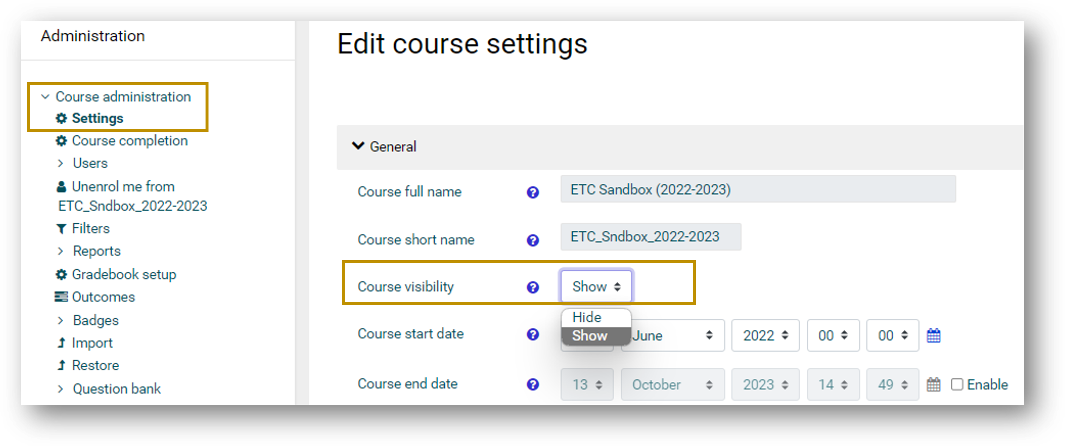 Setting to set up course visibility.