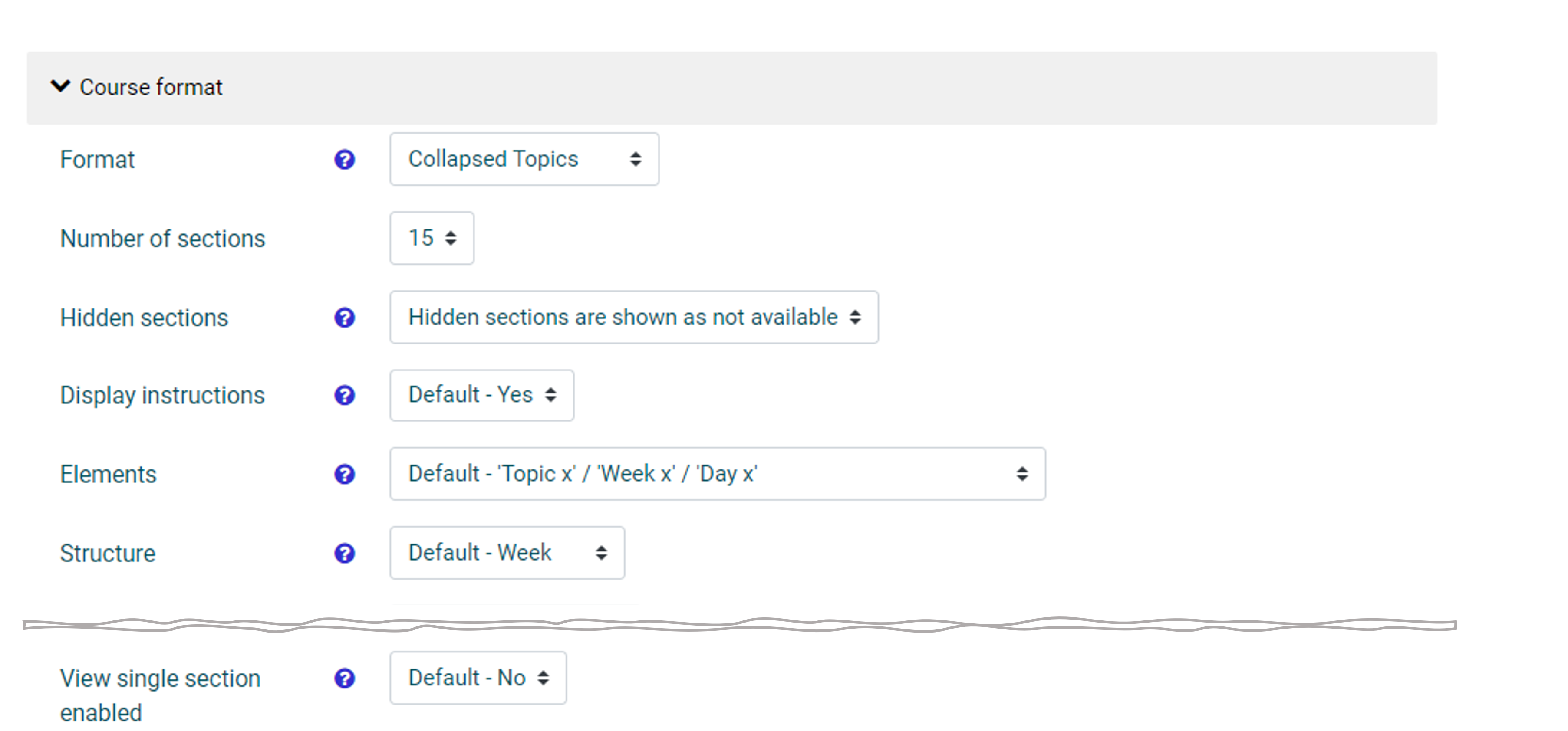 Displays the Course Format dropdown with key default settings