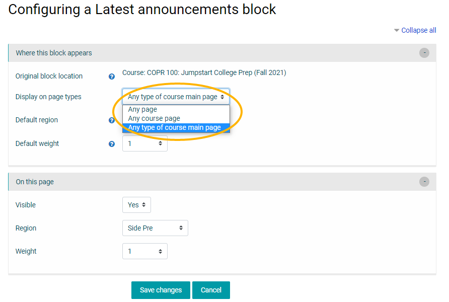 Where the block will appear in a course