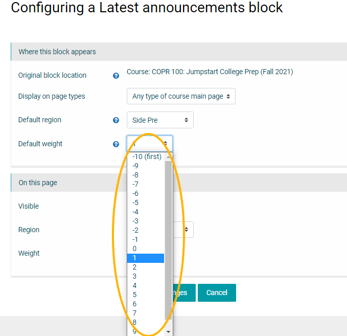 Block configuration menu with weighting highlighted