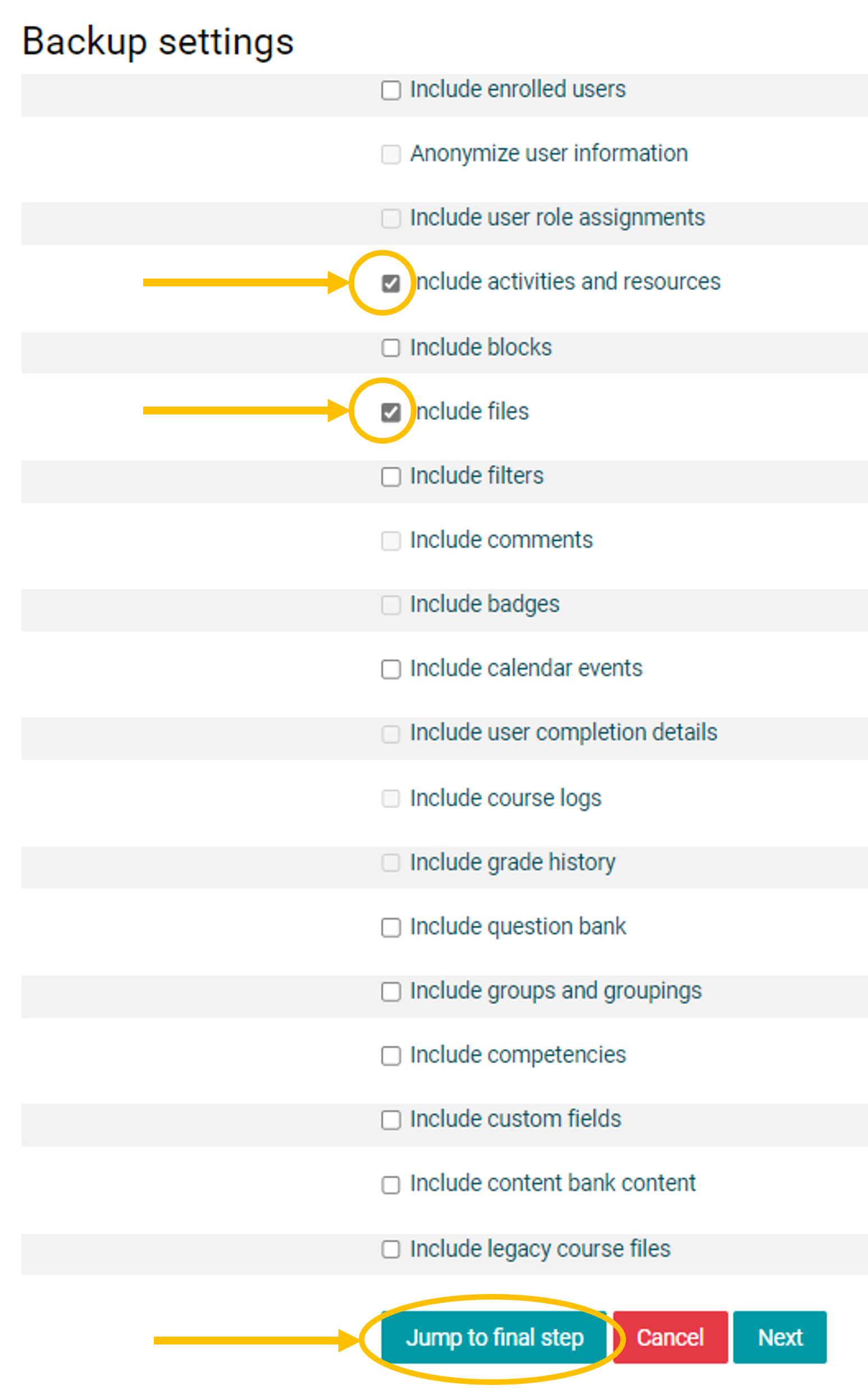 backup settings parameters