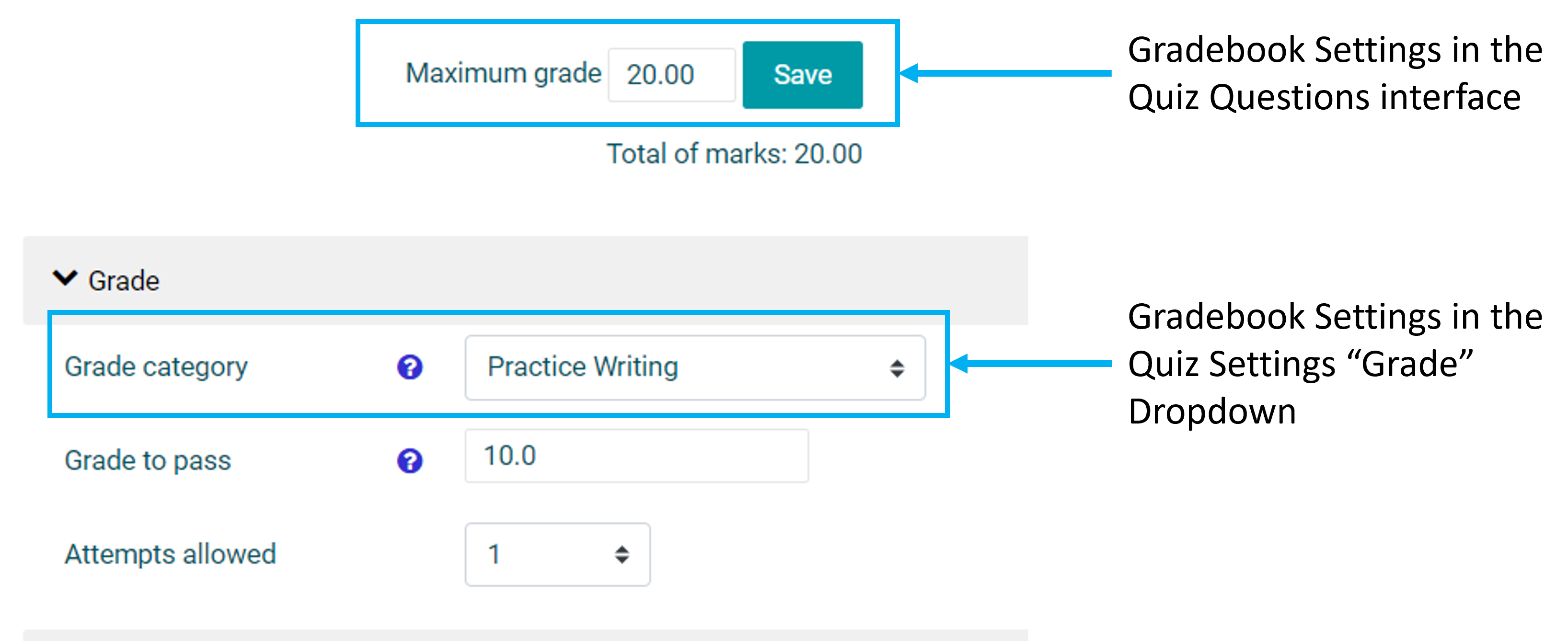 Displays the settings options from the Quiz setup that fill Gradebook settings