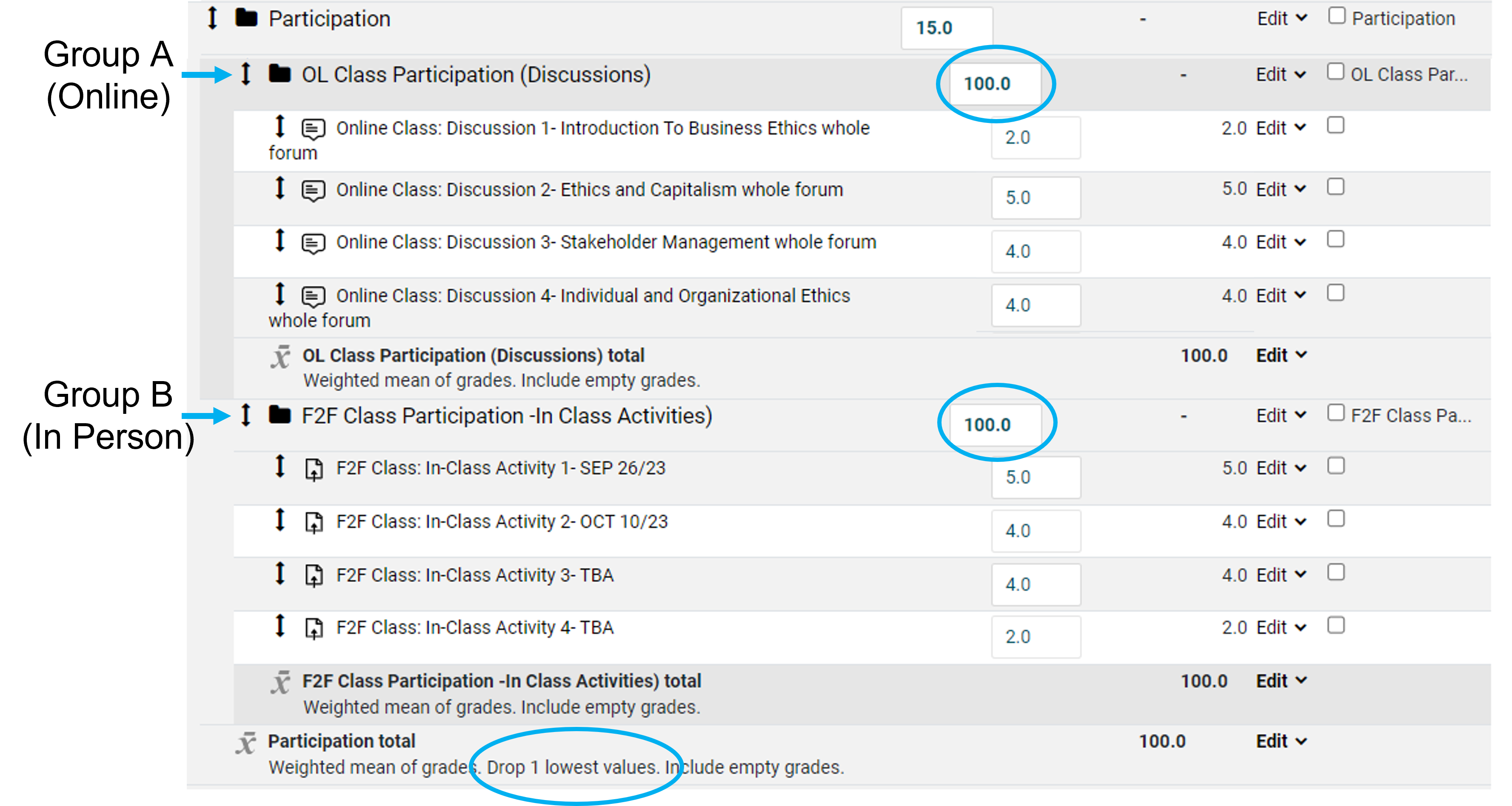 Displays an example using Grade Categories to handle group grading