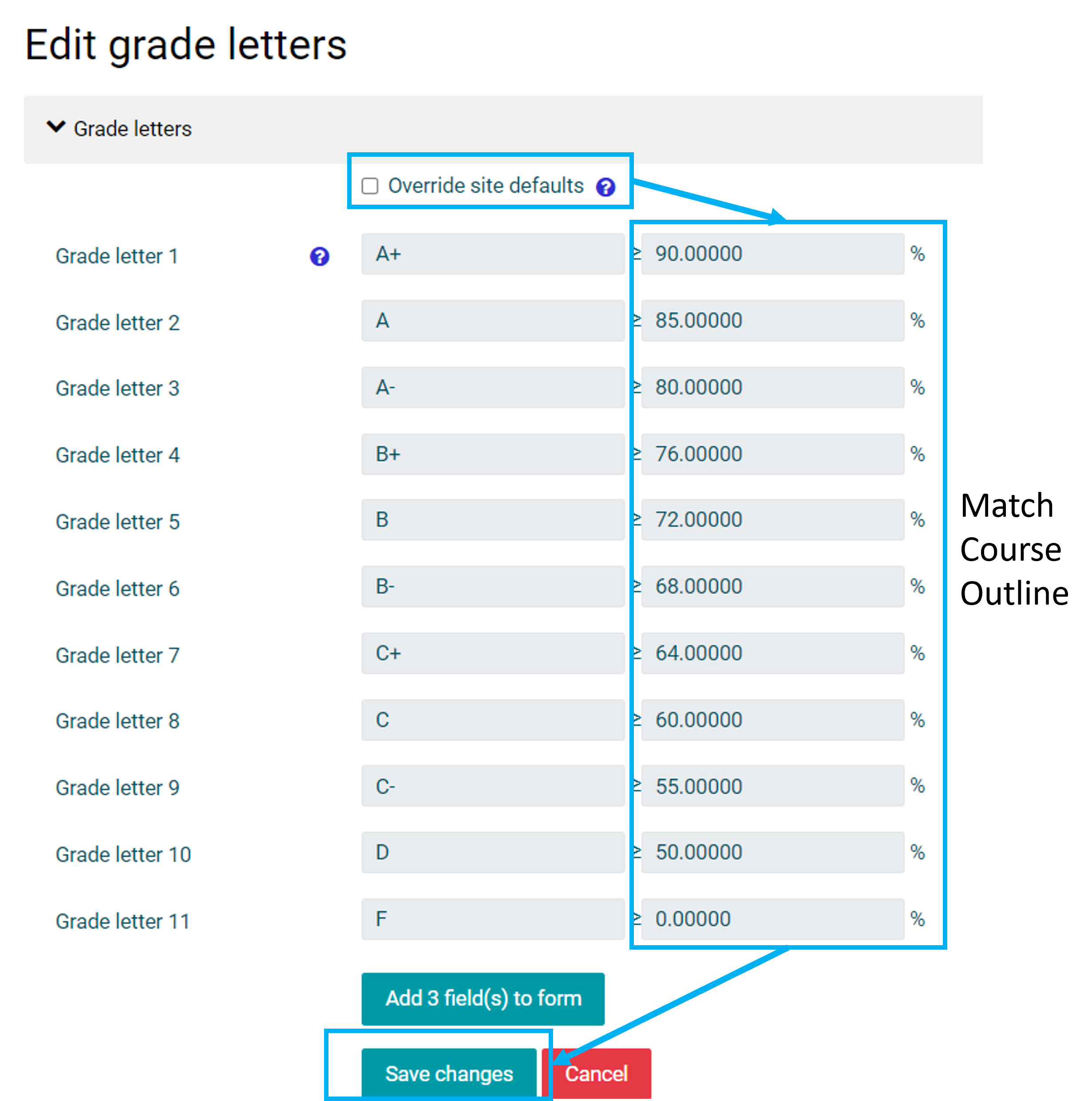 Edit grade letter settings