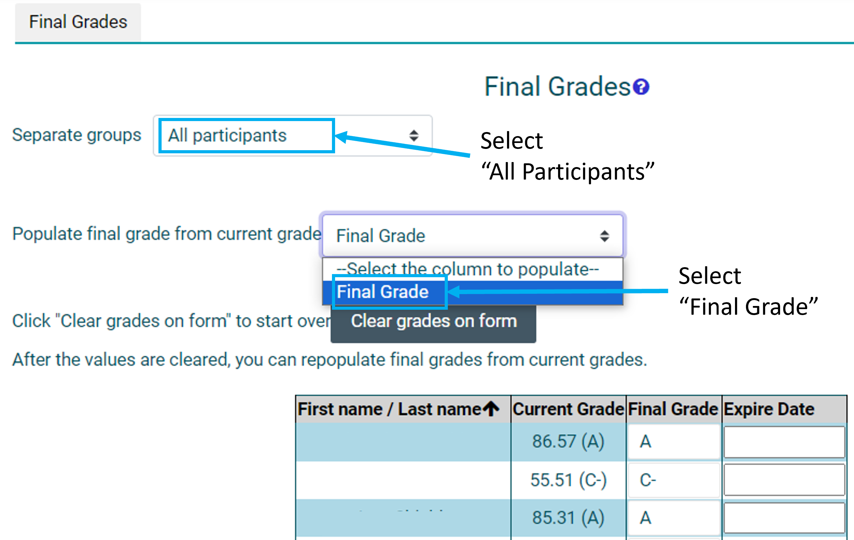 guidance on populating final grades