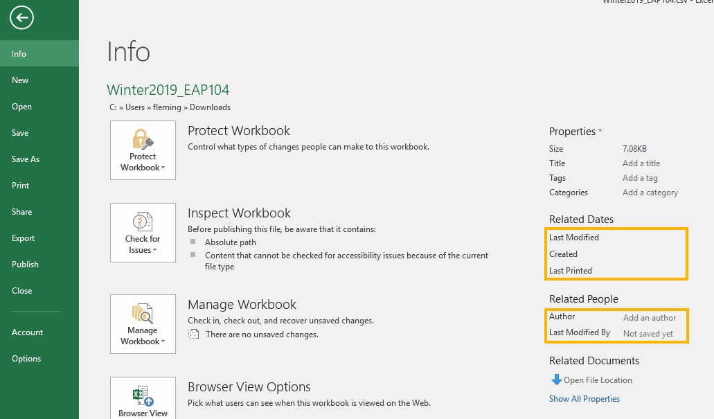 Excel Properties