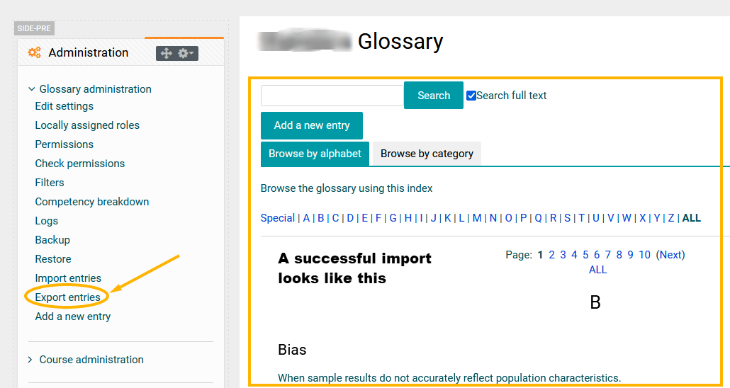 View of a successful glossary import