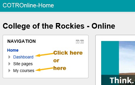 COTROnline drop-down menus with My Courses and My Dashboard circled