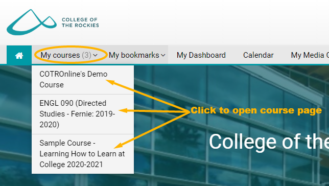 My Courses open with drop-down list