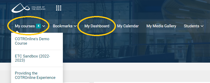 COTROnline drop-down menus with My Courses and My Dashboard circled in yellow.