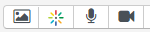 Displays text-editor icons for photos, media, and recording audio and video.