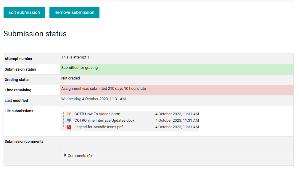 Final submission window with submission and grade status displayed